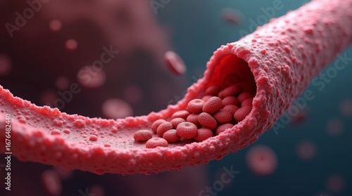 Red blood cells flowing through artery blood flow medical
