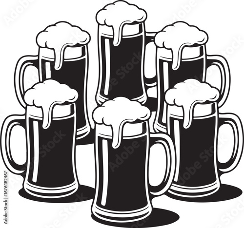 Stylized black and white line art beer bottle silhouette isolated on transparent background