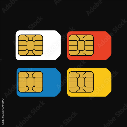 Colorful SIM card set vector illustration symbolizing mobile communication, telecom network, smartphone technology, digital connection, cellular service design.