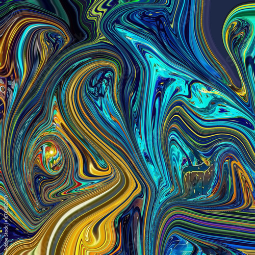 Fluid abstract swirl artwork in vivid blue, yellow, and orange tones. Dynamic modern background design for digital art, fashion, or decoration.
