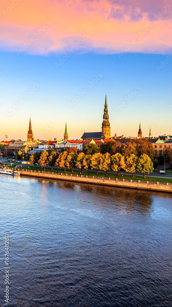 Fototapeta premium Autumn cityscape by the river