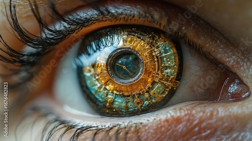Close-up of an eye with a steampunk-style contact lens.  Complex, intricate design of gears and clockwork