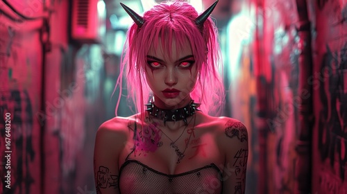 A woman, styled as a demonic girl, stands in a neon-lit alleyway.  Her pink hair and makeup are striking, and she has tattoos and a choker