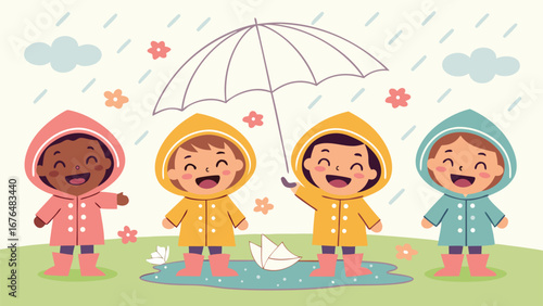 Cartoon diverse children in raincoats play happily under umbrella during rainy weather