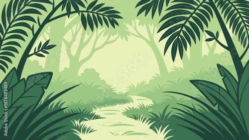 Shaded tropical forest pathway winding through verdant jungle foliage on a light green background
