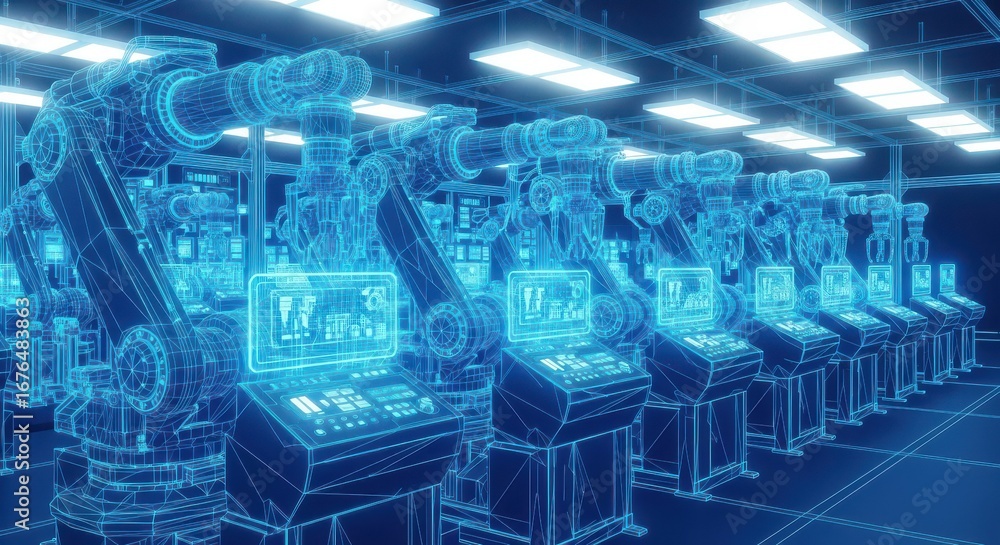 Fototapeta premium Automated Factory Robots Wireframe Design