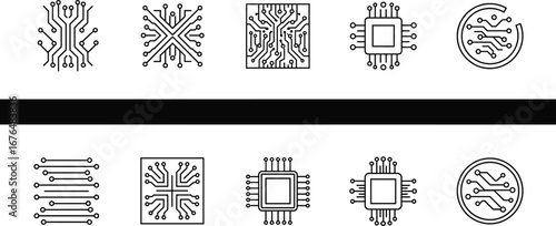 Microchip and circuit board icons set, black and white vector with electronic chip layouts, technology, hardware, innovation illustration
