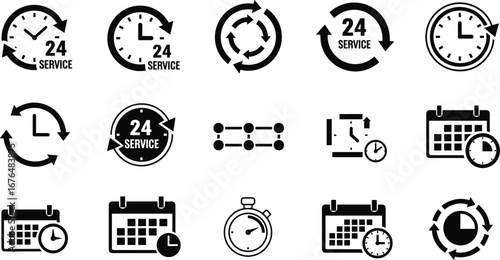 Time and scheduling icon set featuring clocks, calendars, stopwatches, and service symbols for business, productivity, and operational design projects