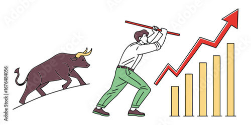 Businessman pushing upward arrow on bar chart with bull running on white background finance growth