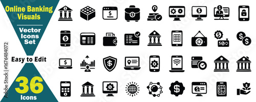Black and White Vector Icons Set Representing Online Banking and Financial Operations money