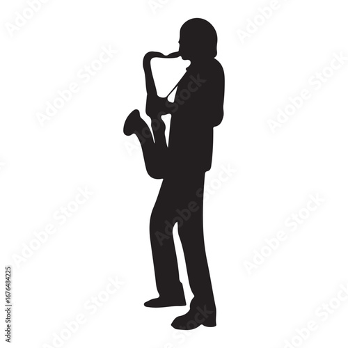 Saxophone player silhouette jazz music musician musical instrument performance art black and white vector illustration