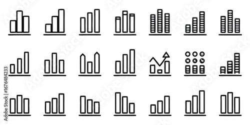 Collection of Black and White Bar Chart Icons Representing Data and Growth graph statistics