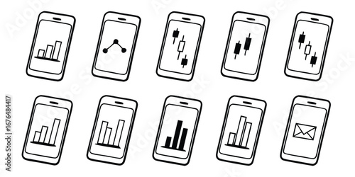 Collection of Hand Drawn Smartphone Icons Displaying Financial and Data Charts mobile phone graph