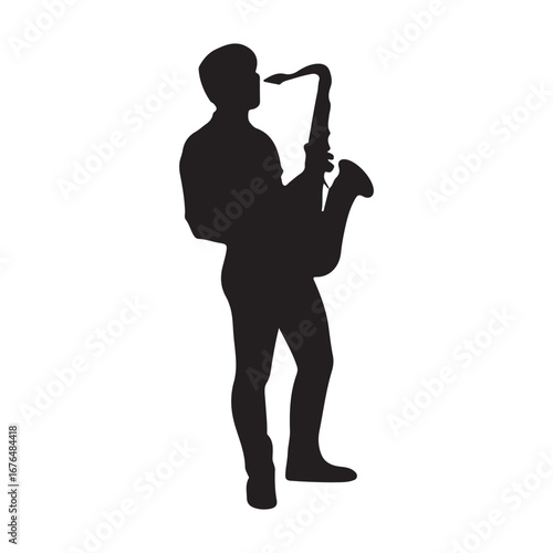 Silhouette of man playing saxophone jazz musician musical instrument performer black and white art
