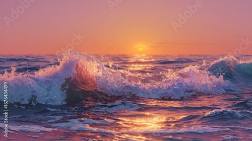 Waves crashing at Sunset: A breathtaking view of ocean waves illuminated by a vibrant sunset, capturing the raw beauty and energy of the sea in a symphony of colors.