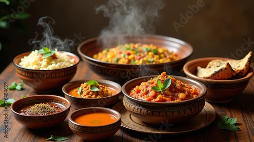 Steaming bowls of flavorful food cuisine curry
