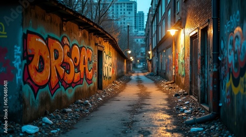 Urban alleyway graffiti art at dusk street art