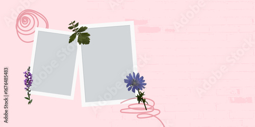 Fashion vector collage. Romantic collage of photo frame with flowers.