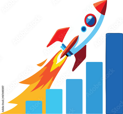 Rocket ship ascending next to a rising bar graph with flames on white background spaceship launch EPS vector file download