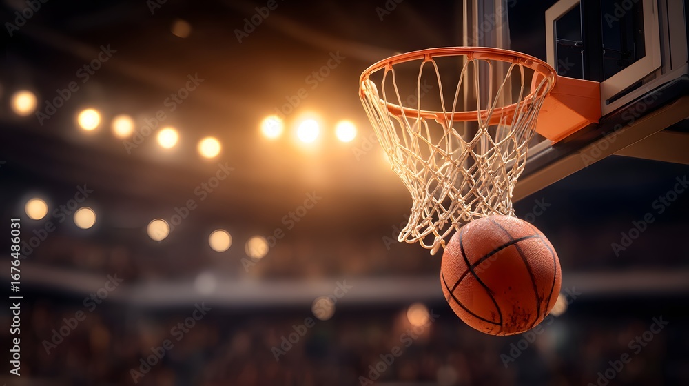 Fototapeta premium A basketball ball gracefully enters the hoop in a brightly lit arena.