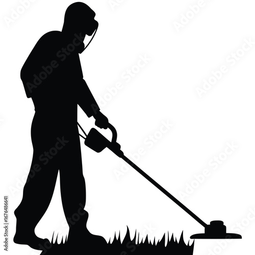 Person In Protective Gear Using String Trimmer On Grass weed eater landscaping