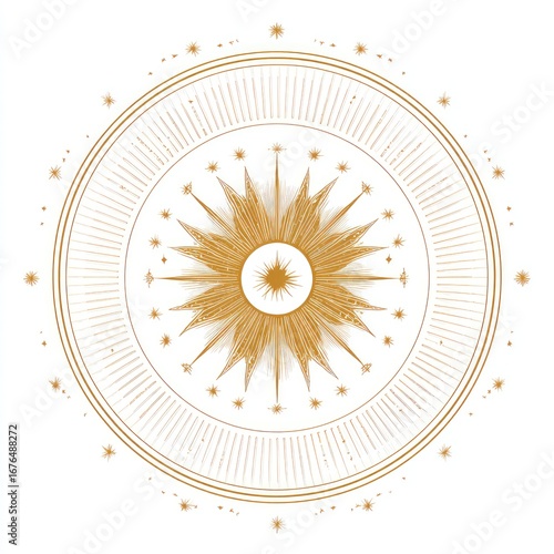 Golden, radiating circular design with multiple concentric rings, ornate details and stylized stars