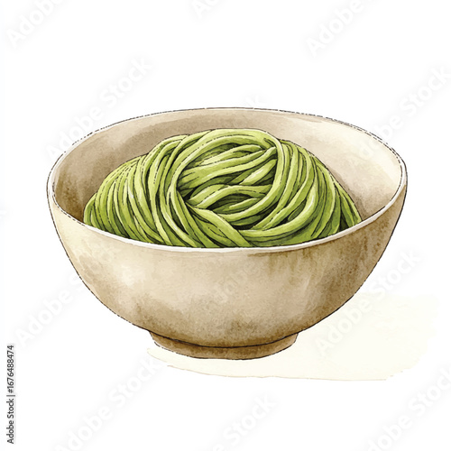 a cute Green tea soba  noodles neatly folded