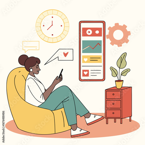 Woman in beanbag chair using phone with digital charts and cogwheel smartphone