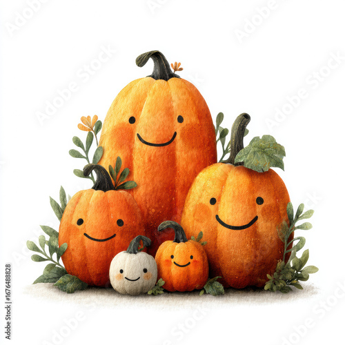 Vibrant cheerful pumpkins with smiling faces, colorful fall harvest decor, playful seasonal decorations for autumn, Halloween, Thanksgiving, outdoor and indoor festive display