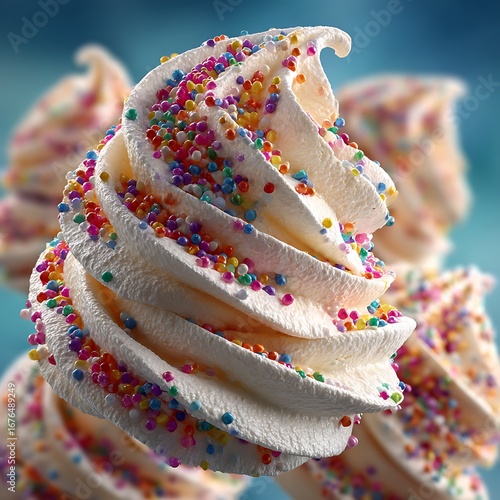 Creamy soft serve ice cream with rainbow sprinkles frozen dessert