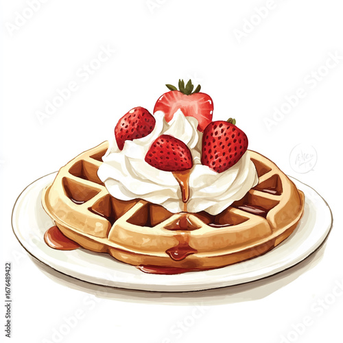 a cute golden waffles topped with strawberries whip