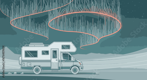 An illustration of a camper van driving through a desolate landscape under the glowing aurora borealis.