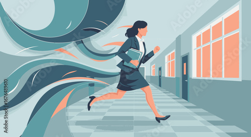 A dynamic vector illustration of a businesswoman running with urgency down a corporate hallway, leaving a trail of abstract energy waves.
