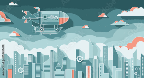 A steampunk airship flying over a futuristic cityscape with layered clouds in a stylized, flat vector illustration.