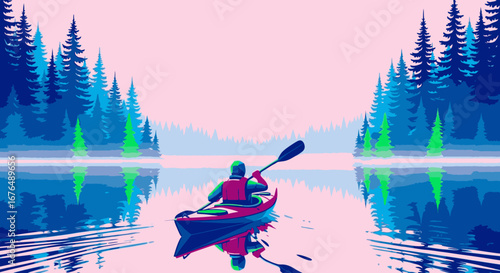A lone kayaker paddles across a serene, reflective lake surrounded by a dense pine forest at dawn.