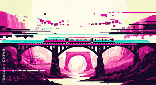 A futuristic pixel art train crosses a bridge over a canyon in a vibrant pink and cyan landscape.