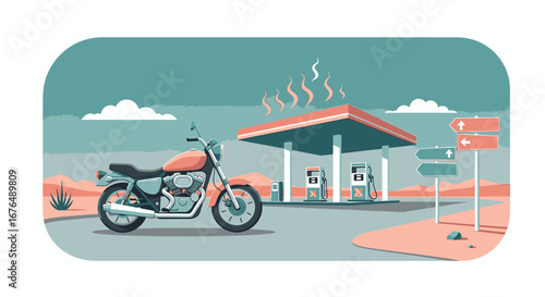 A classic motorcycle parked at a remote gas station in a hot, arid desert landscape, illustrating a road trip adventure.