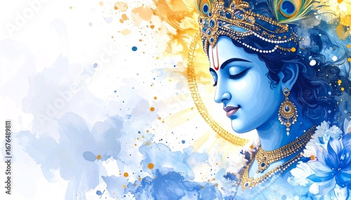 Abstract spiritual background of Lord Krishna with watercolor textures and divine aura

