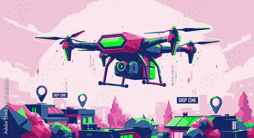 A futuristic delivery drone flying over a stylized city with drop zone location pins.