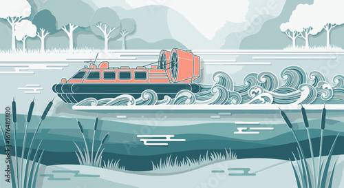 An illustrated hovercraft glides across a river, creating waves in a stylized, layered landscape.