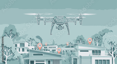 A monochromatic illustration of a high-tech drone hovering over a suburban neighborhood with location markers on the rooftops.