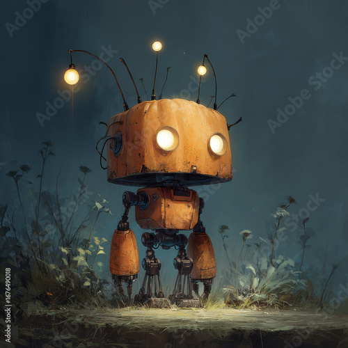 Futuristic robot character illustration showcasing innovative technology, metallic design, whimsical features, vibrant colors, and detailed digital art for creative projects