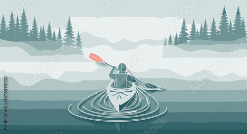 Illustration of a person kayaking on a tranquil, misty lake with a forest background.