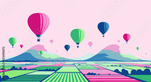 Colorful hot air balloons floating over a vibrant, stylized landscape of patchwork fields and mountains under a pink sky.