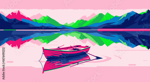 A vibrant digital illustration of a pink rowboat on a calm lake, reflecting a colorful mountain range under a pink sky.