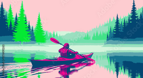 A person in a red kayak paddles across a serene lake, with a reflection of the surrounding green forest and pink sky.