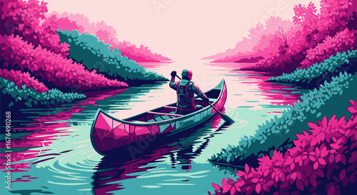A person paddles a canoe down a serene river surrounded by vibrant pink and teal foliage in a pixel art style.