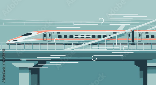 A stylized vector illustration of a modern high-speed bullet train crossing a bridge, conveying a sense of speed and motion.