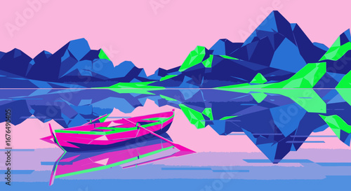A vibrant low-poly illustration of a pink boat on a reflective lake with blue and green mountains.