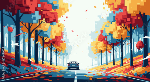 A car drives down a scenic road lined with colorful autumn trees in a vibrant, stylized digital art illustration.